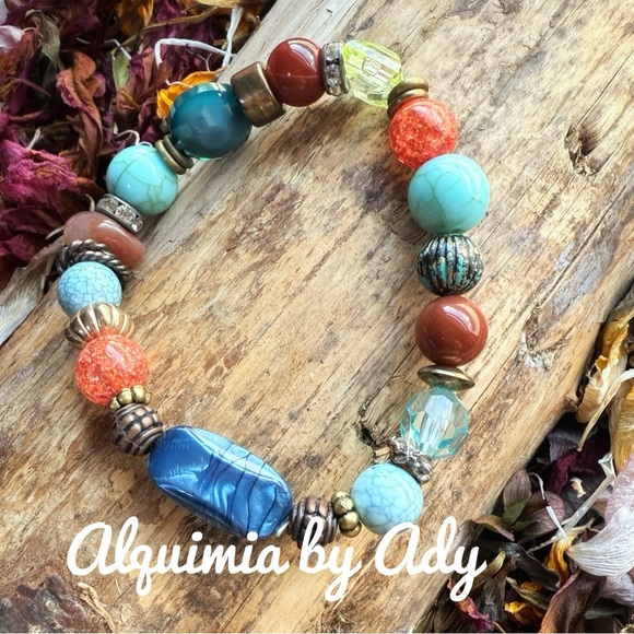 Blue turquoise and big carnelians beaded colorful bracelet stack set - Picture 4 of 6